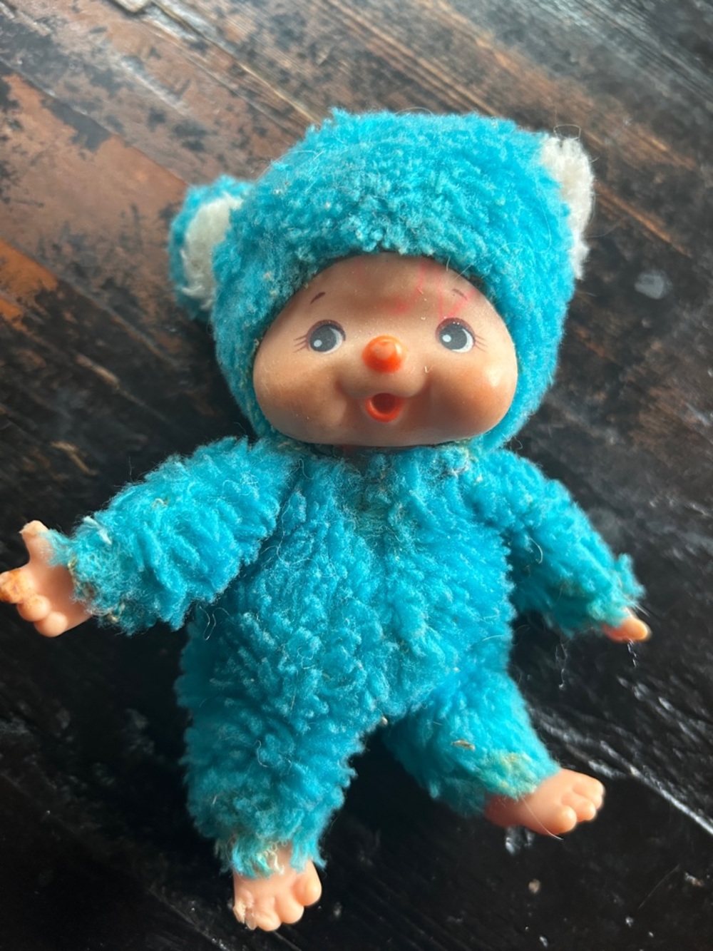 MONCHECHEE Vintage Teal Plush Baby Doll from the 1980s